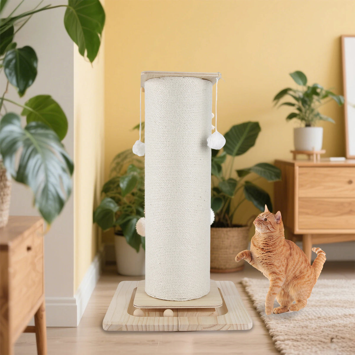 Griffoir sisal dans un intérieur lumineux avec un chat roux