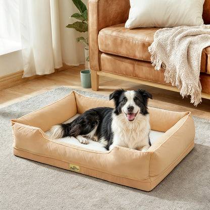 Canapé-lit orthopédique beige avec un chien dans un salon