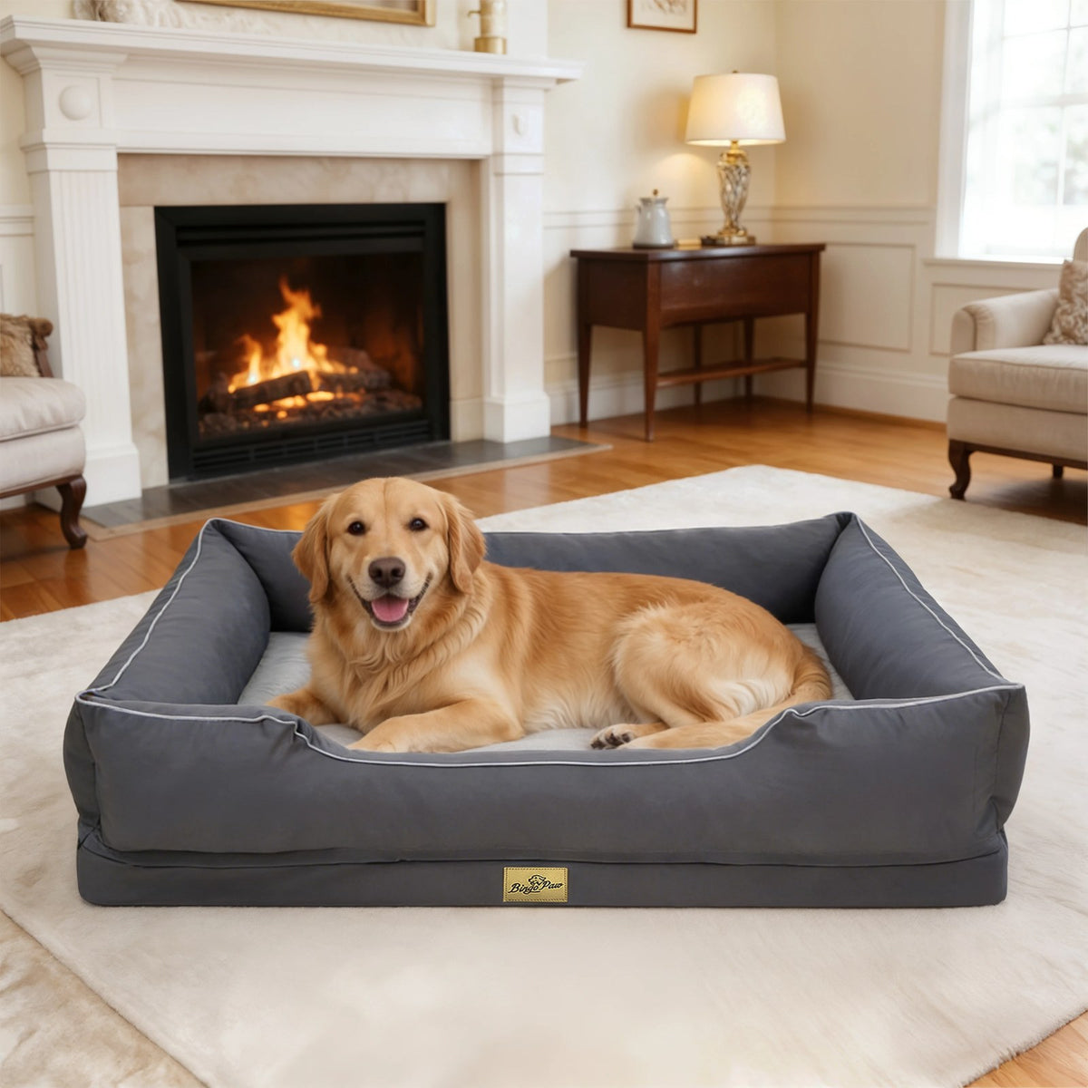 Canapé-lit orthopédique gris, golden retriever installé devant la cheminée