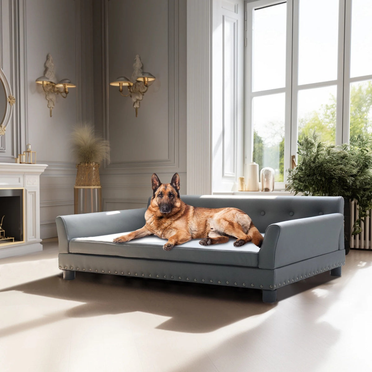 Canapé design gris pour chien avec un berger allemand devant la cheminée