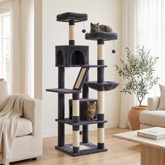 Chats sur l'arbre à chat 180 cm anthracite dans un salon lumineux