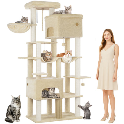 Arbre à chat 200 cm beige avec deux grottes, deux hamacs et plusieurs plateformes, à côté d'une femme pour l'échelle