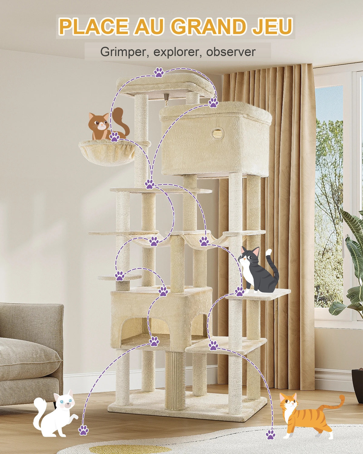 Arbre à chat 200 cm installé dans un salon clair, chats sur les plateformes