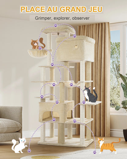 Arbre à chat 200 cm installé dans un salon clair, chats sur les plateformes