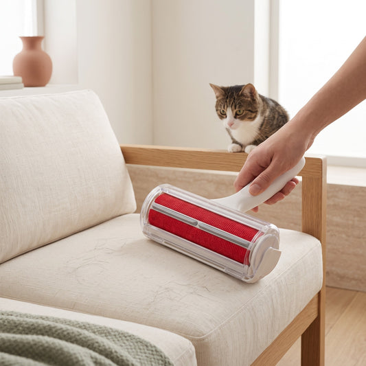 Brosse anti-poils passée sur un canapé en lin