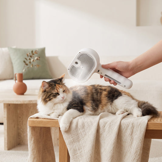 Chat brossé avec la brosse vapeur sur un plaid