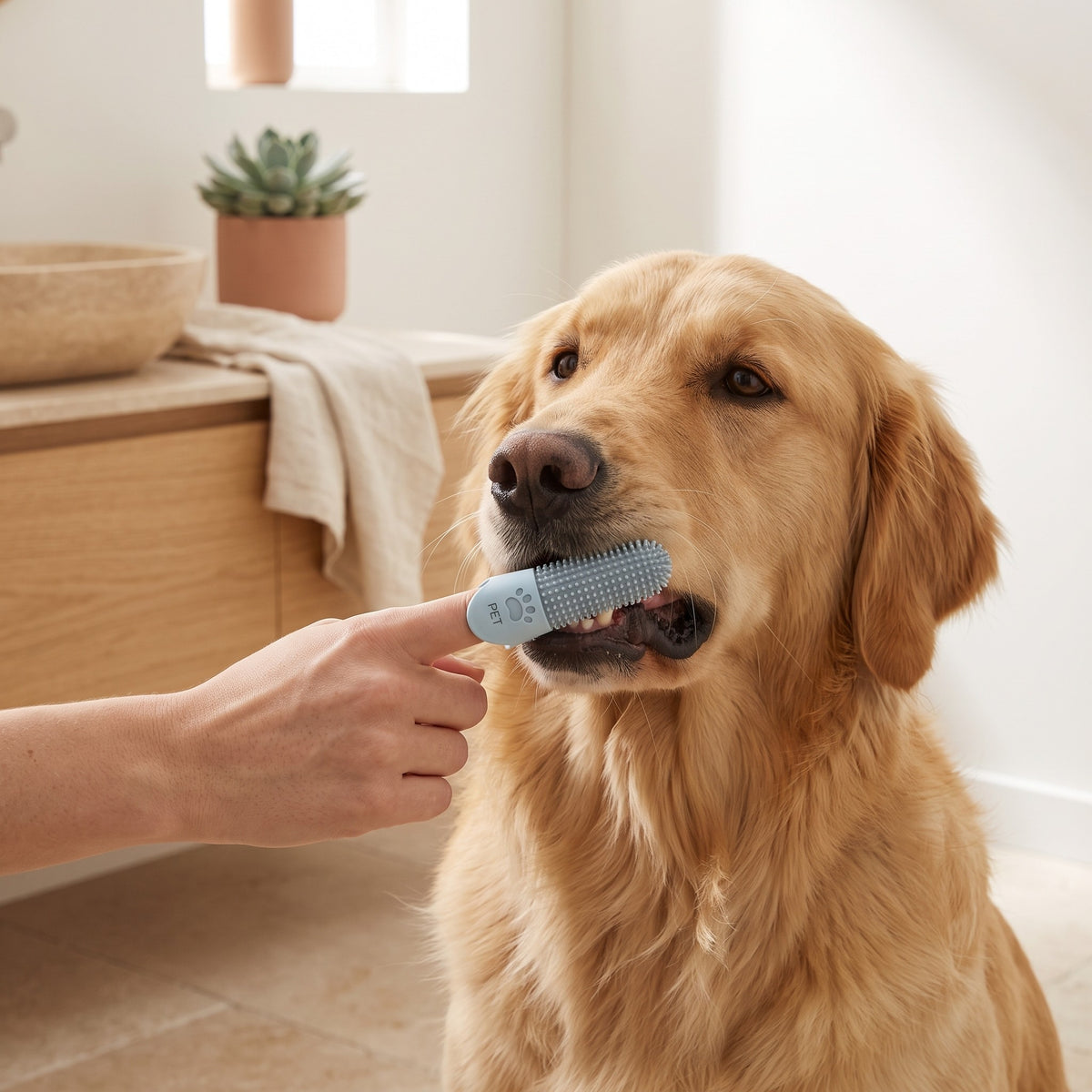 Brossette à doigt utilisée pour brosser les dents d'un golden retriever