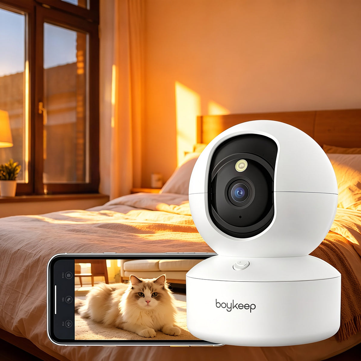 Caméra dans une chambre, avec le chat filmé affiché sur le téléphone