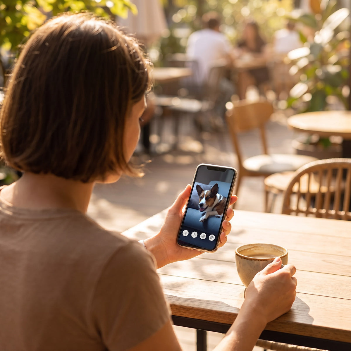 En terrasse, une femme regarde son chien en direct sur son téléphone