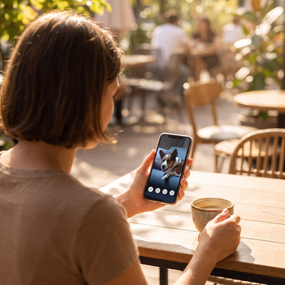 En terrasse, une femme regarde son chien en direct sur son téléphone