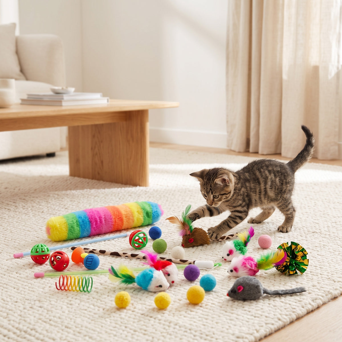 Chaton qui joue avec le coffret de 28 jouets sur un tapis