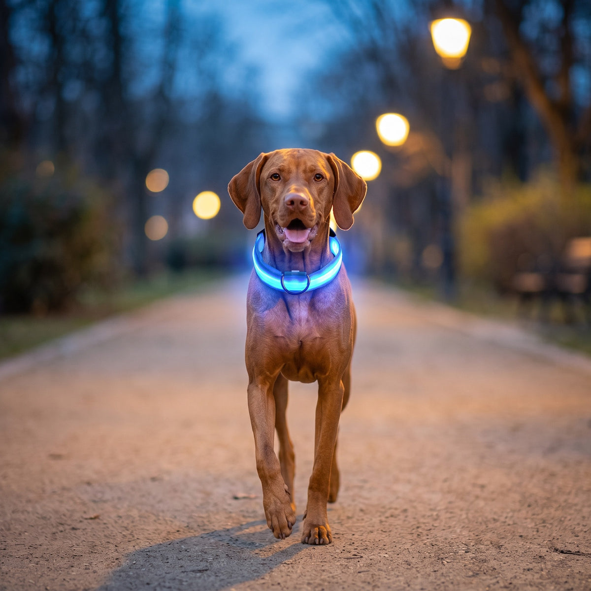 Chien qui porte le collier LED bleu allumé lors d'une promenade du soir