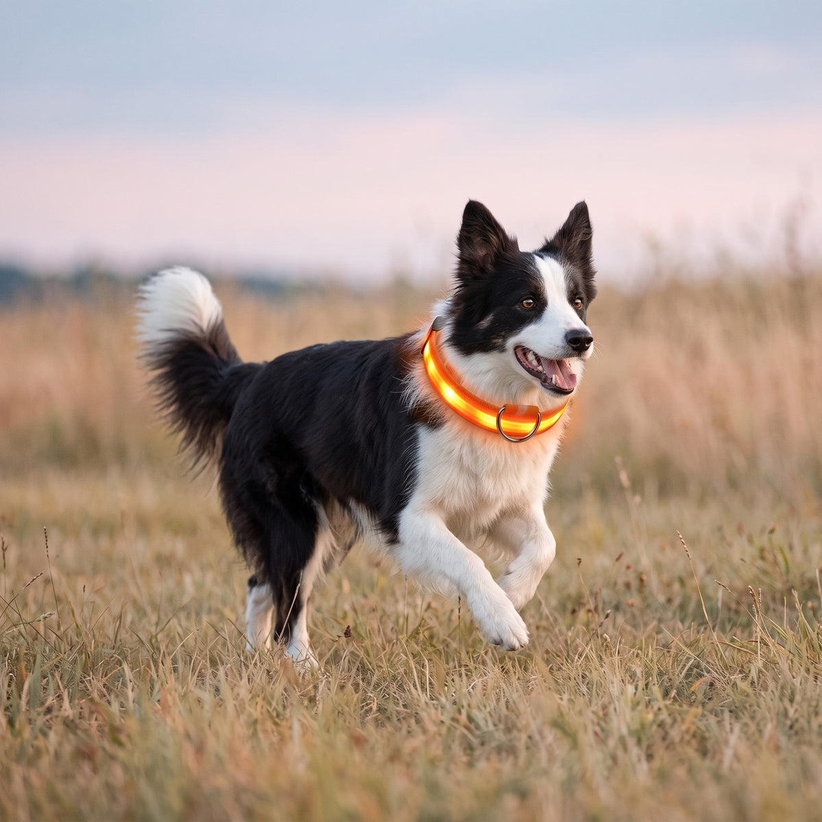 Border collie qui court avec le collier LED orange au crépuscule