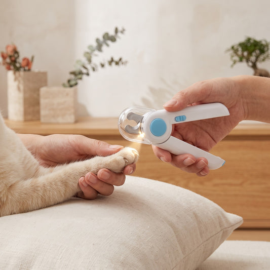 Coupe-griffes LED utilisé délicatement sur la patte d'un chat