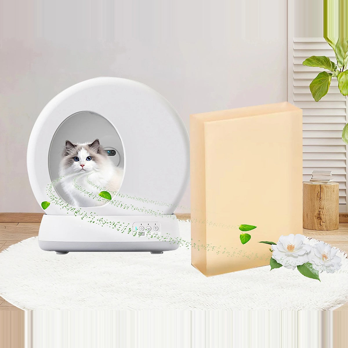 Plaquette désodorisante à côté d'une litière automatique fermée pour chat