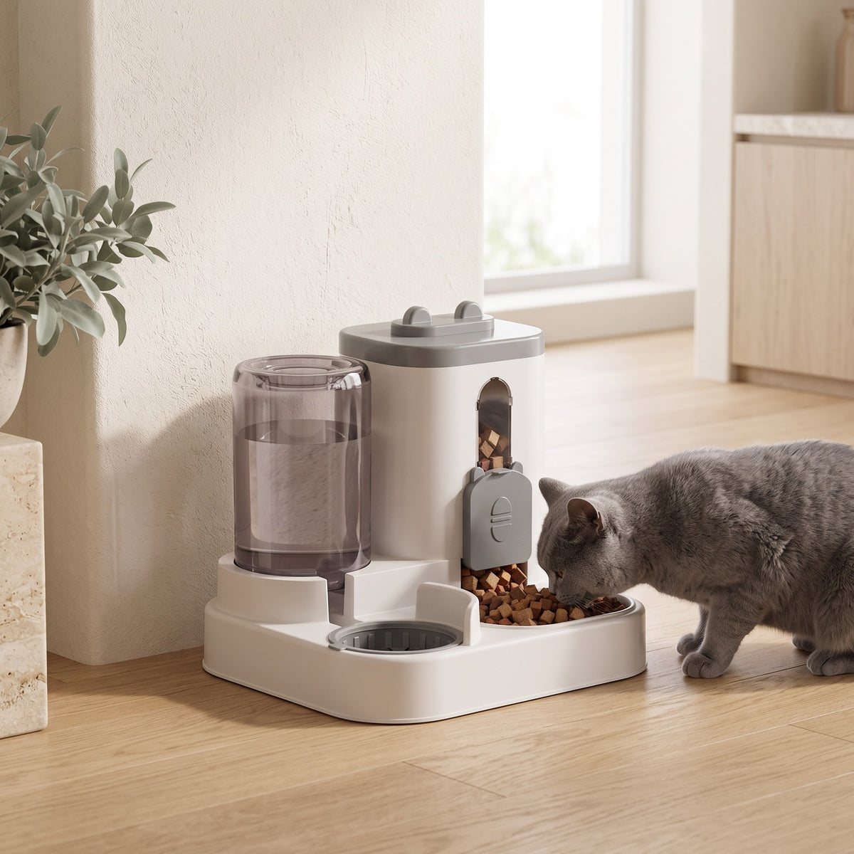 Chat gris qui mange au distributeur croquettes et eau