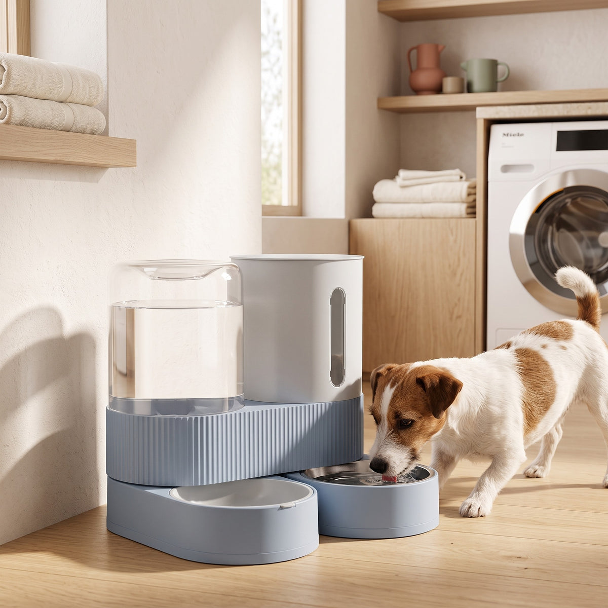 Jack Russell qui boit au distributeur gravité bleu