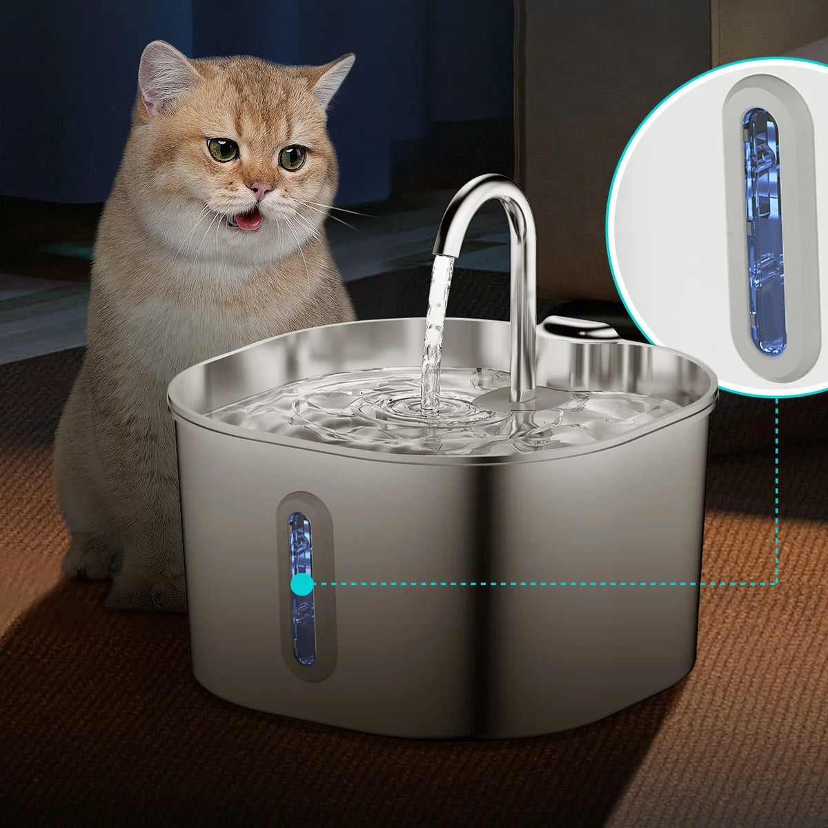 Fontaine à eau inox pour chat 2,2 L – Bec robinet, silencieuse