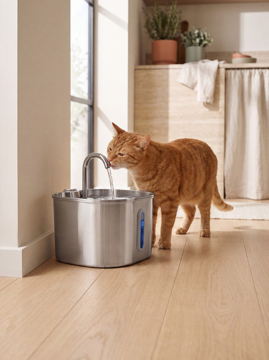 Chat qui boit à la fontaine inox dans une cuisine claire