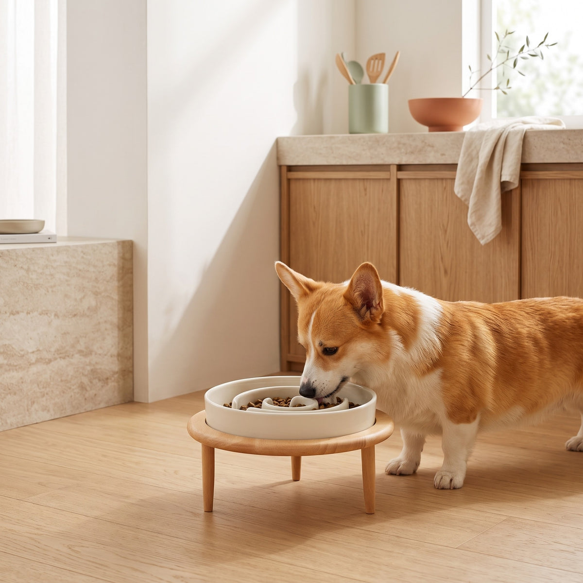 Corgi qui mange dans la gamelle Basile blanche