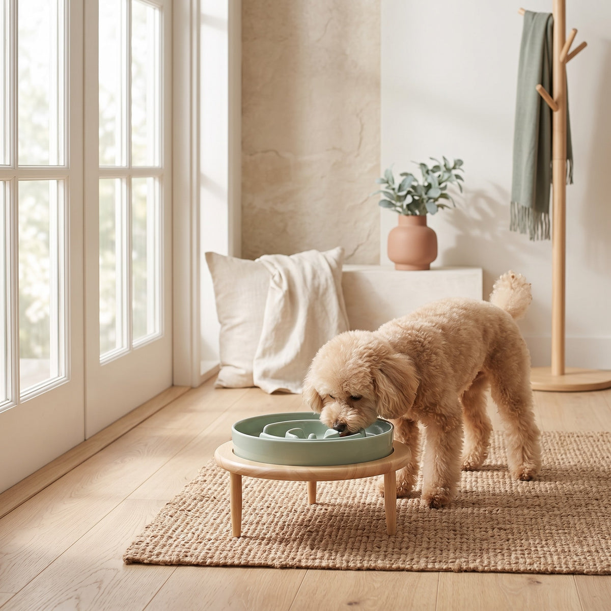 Caniche qui mange dans la gamelle Basile vert clair