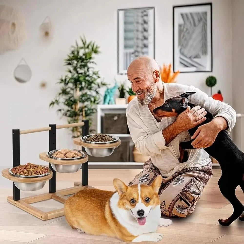 Gamelle surélevée Hector dans un salon, bols réglés à trois hauteurs, avec un corgi et un chien noir