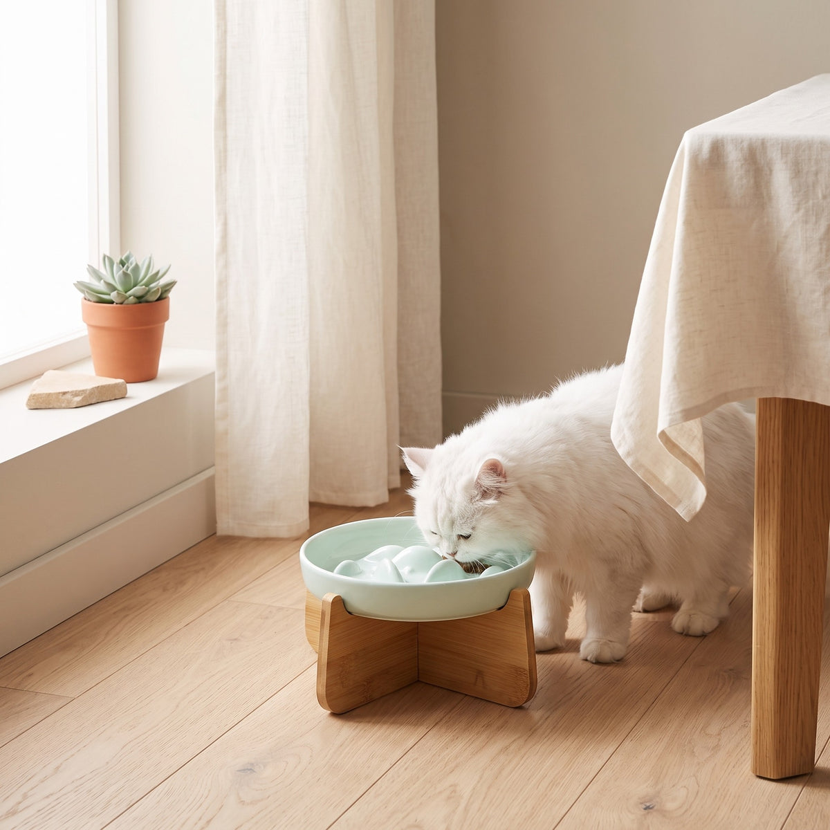 Chat blanc qui mange dans la gamelle Margot vert clair