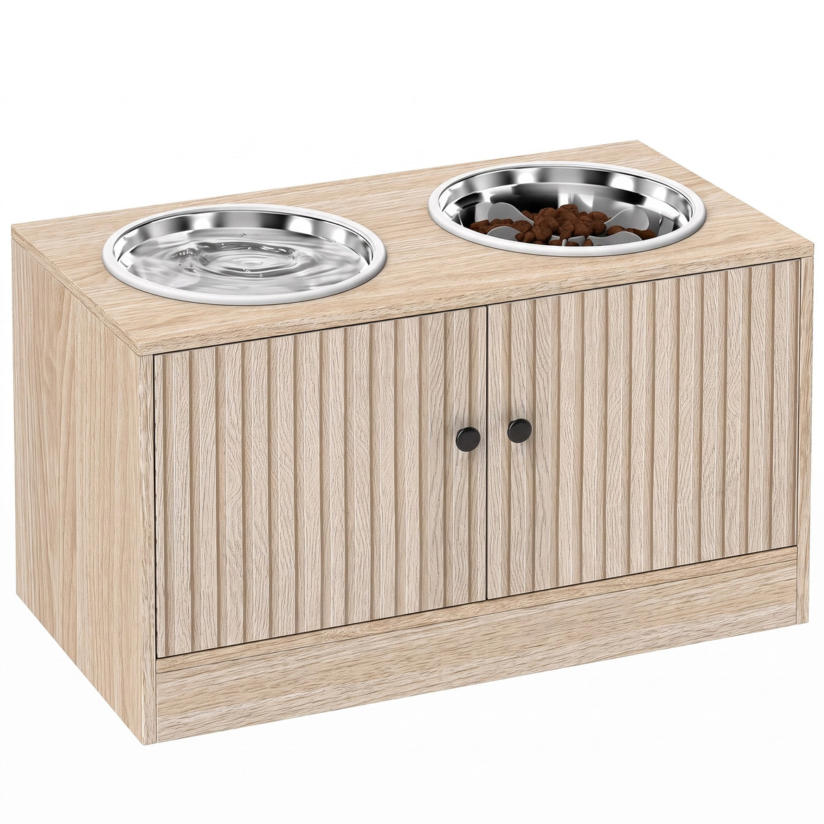 Gamelle surélevée meuble finition chêne avec 2 bols en inox, vue de face sur fond blanc
