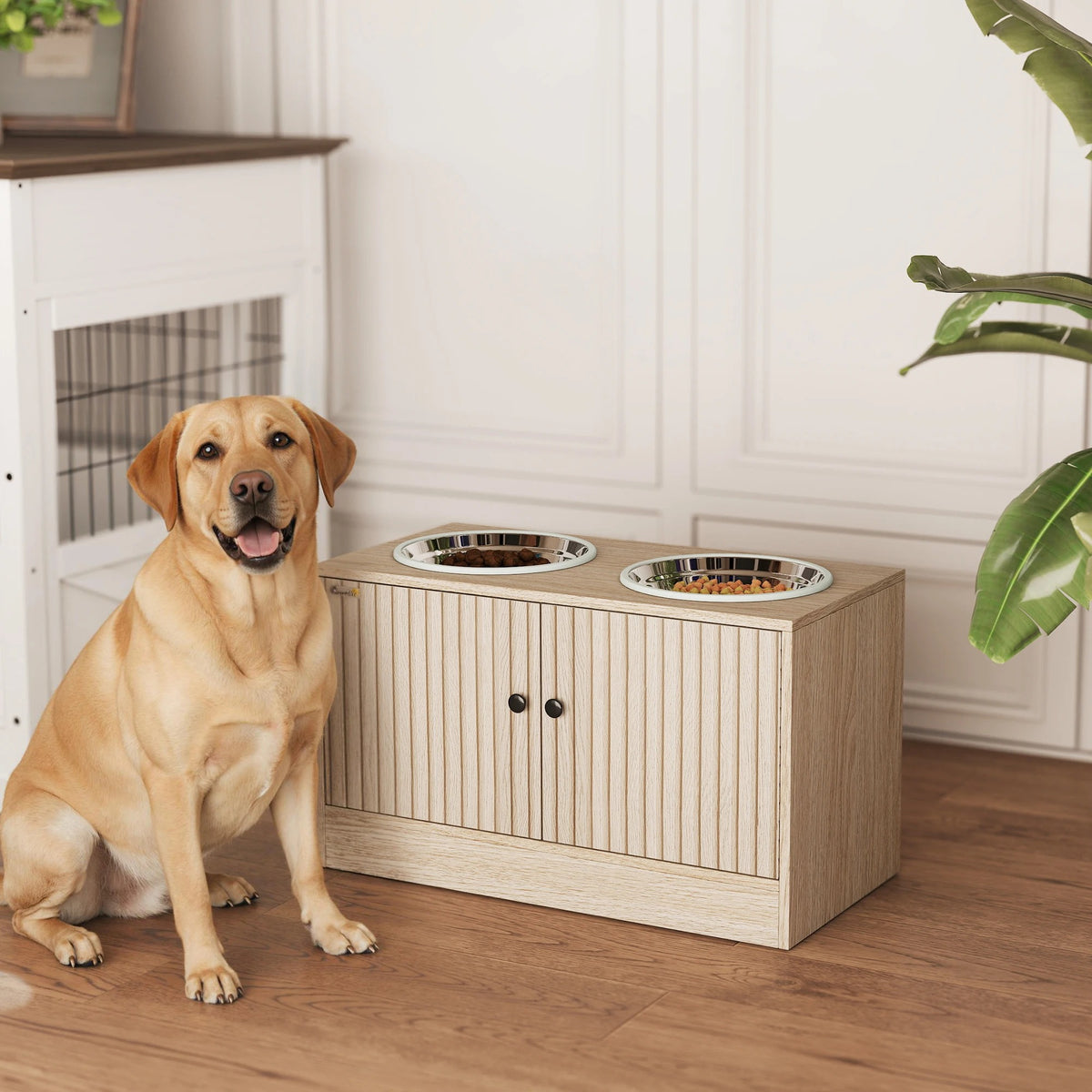 Labrador assis à côté de son meuble gamelle dans un salon lumineux