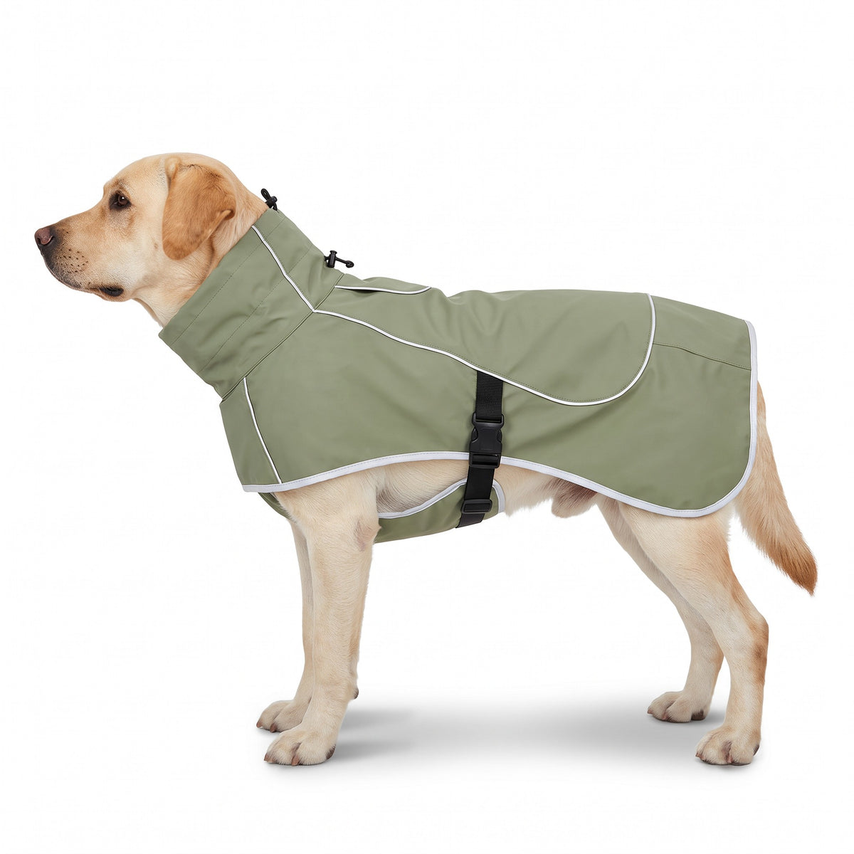 Labrador portant le manteau imperméable vert sauge, de profil
