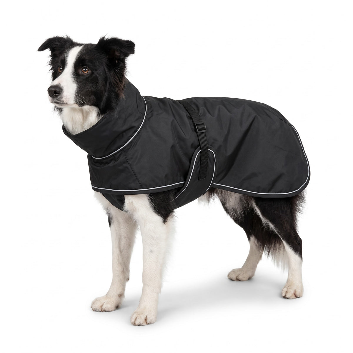 Border collie portant le manteau imperméable noir