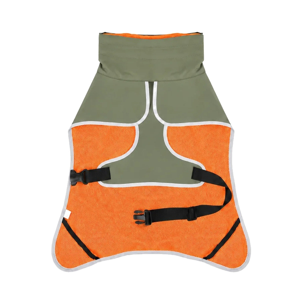 Intérieur du manteau vert sauge, doublure orange et sangle ventrale