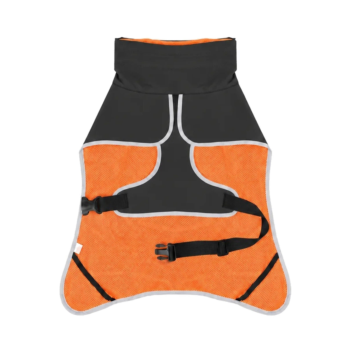 Intérieur du manteau noir, doublure orange et sangle ventrale