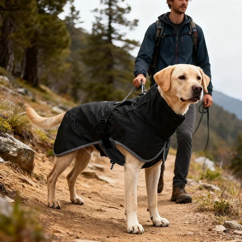 Labrador en manteau imperméable noir en randonnée