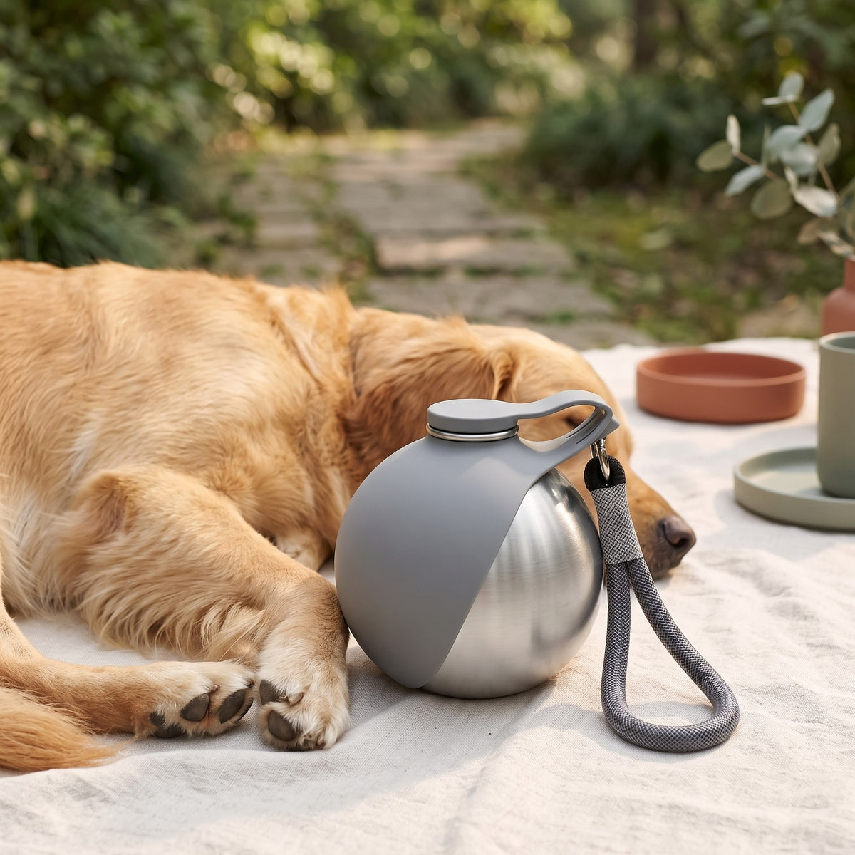 Gourde 2-en-1 grise près d'un golden retriever au pique-nique