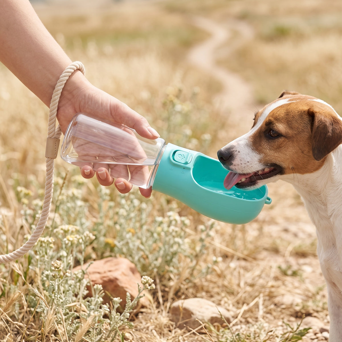 Jack Russell qui boit à la gourde turquoise en balade