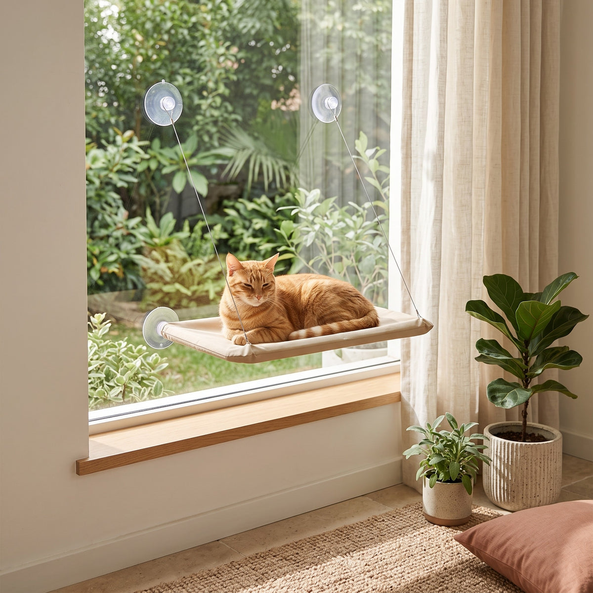Chat roux qui se prélasse dans le hamac de fenêtre beige