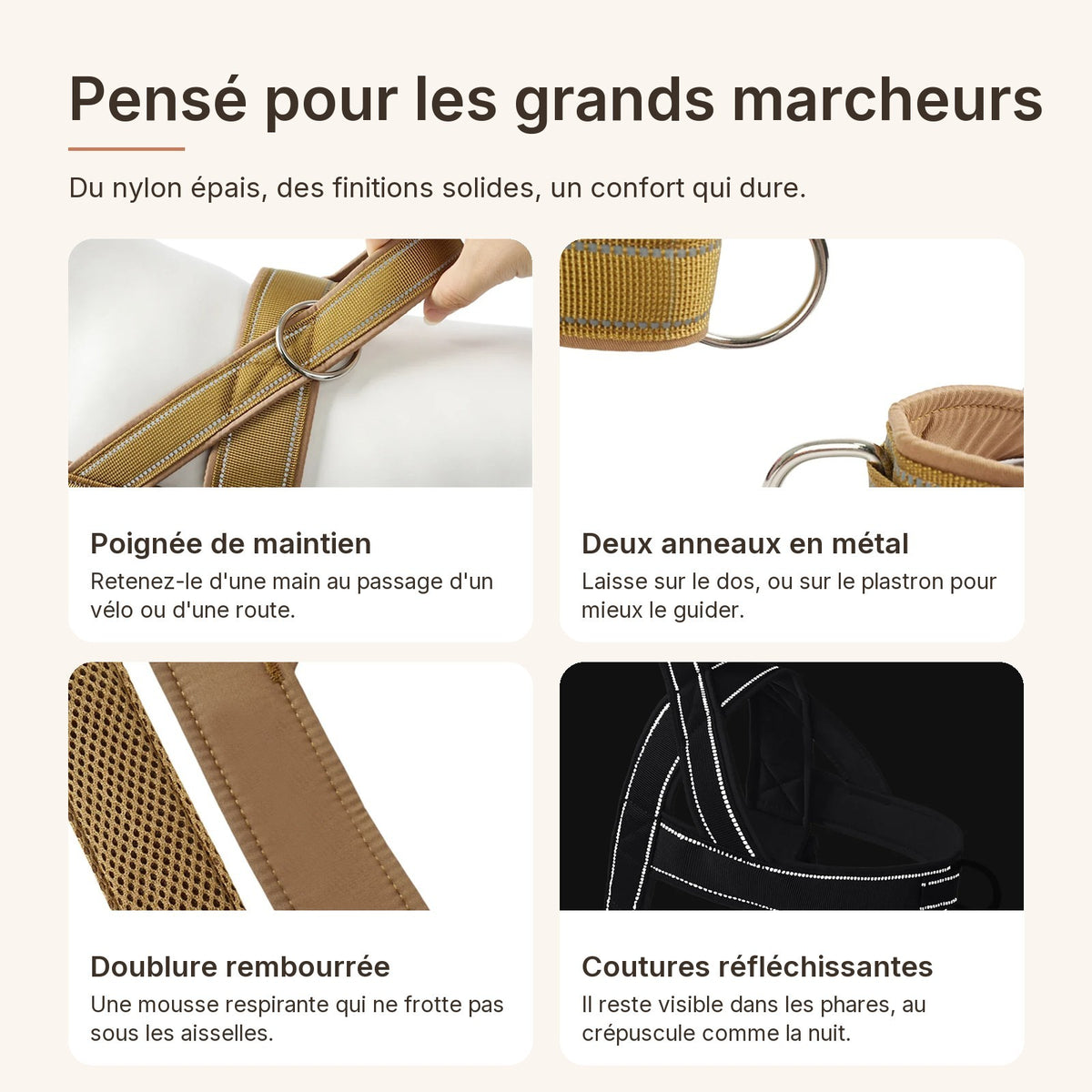 Poignée, anneaux en métal, doublure rembourrée et coutures réfléchissantes