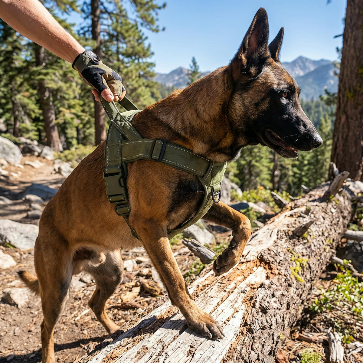 Malinois aidé par la poignée du harnais vert armée en randonnée
