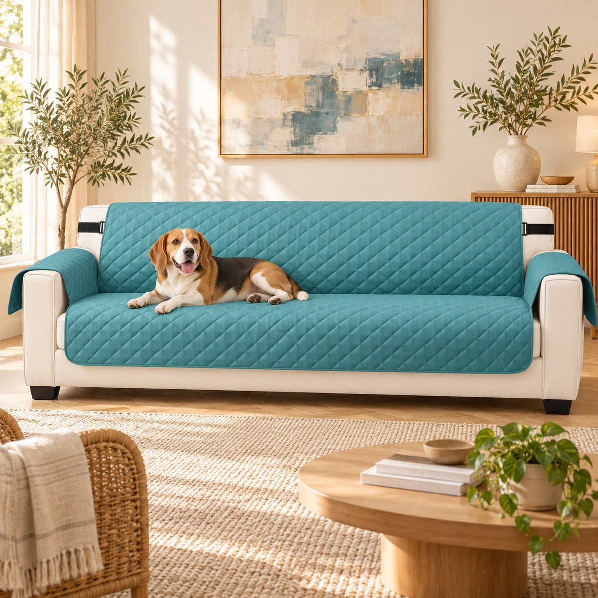 Beagle allongé sur la housse bleu canard d’un canapé 4 places
