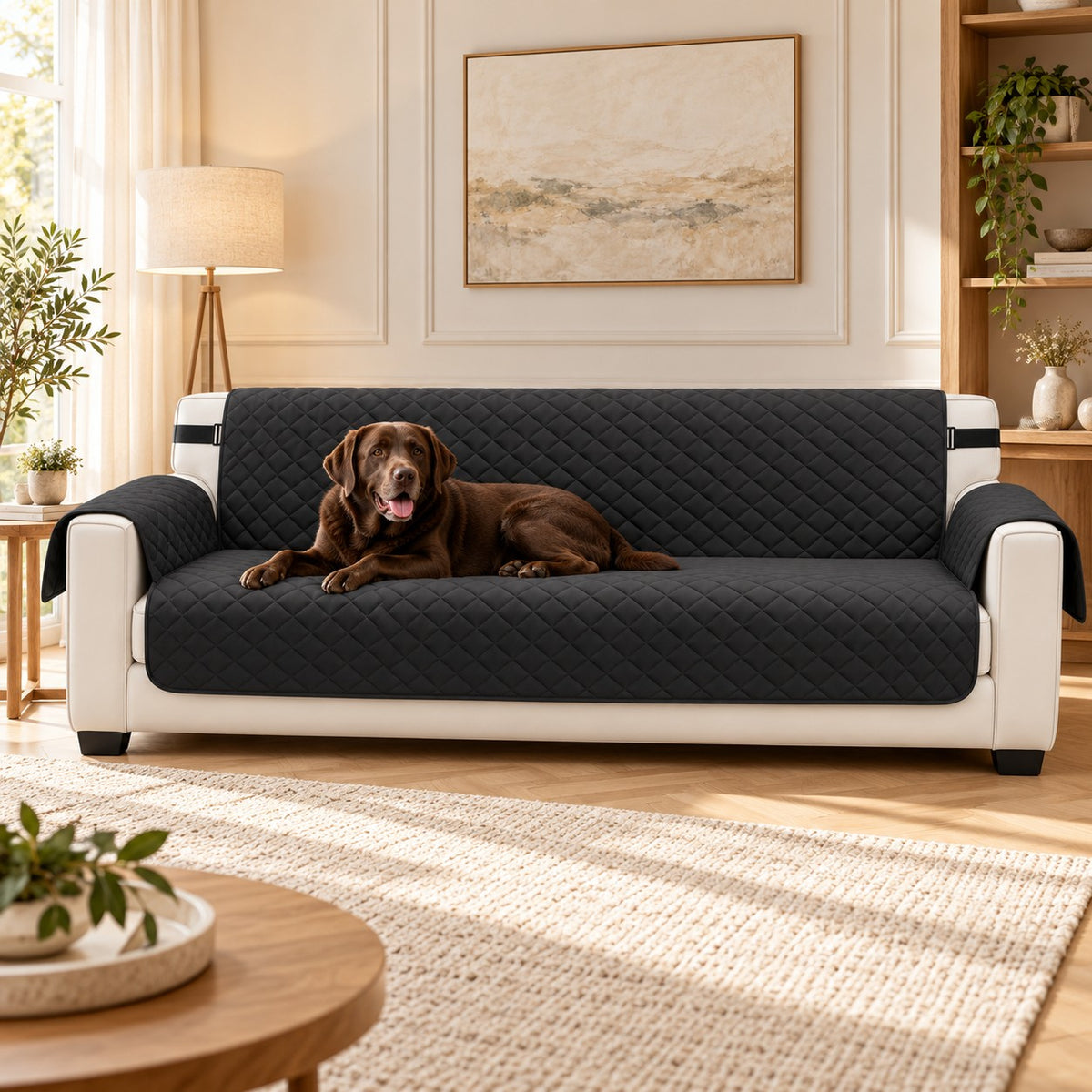 Labrador chocolat couché sur la housse noire d’un canapé 4 places