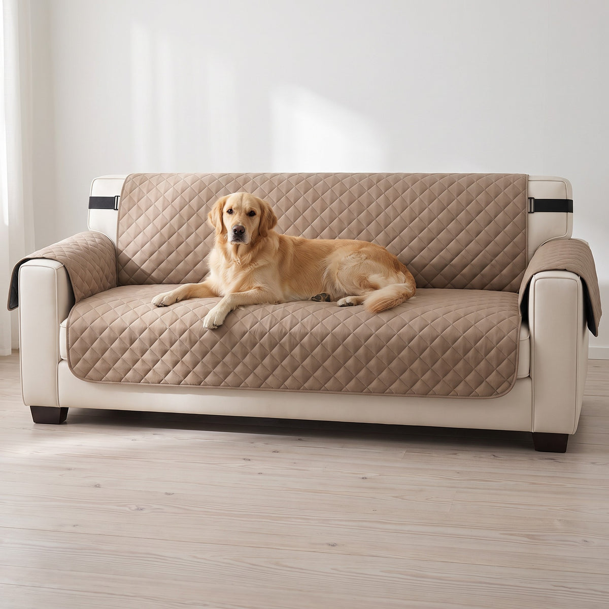 Golden retriever allongé sur la housse de canapé taupe