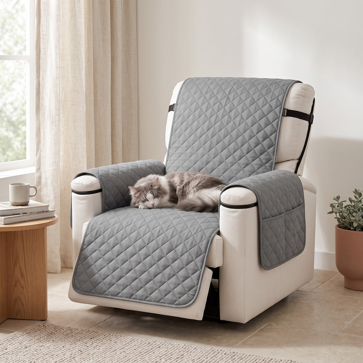 Chat endormi sur la housse de fauteuil releveur grise