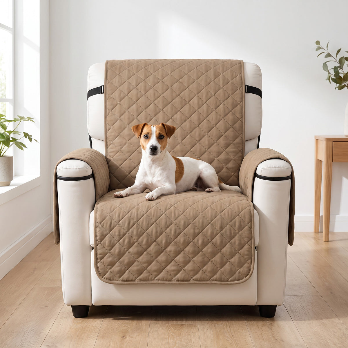Jack Russell couché sur la housse de fauteuil taupe