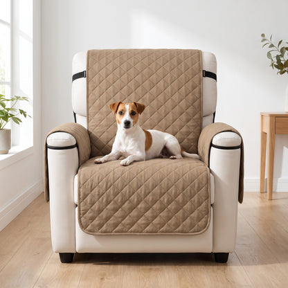 Jack Russell couché sur la housse de fauteuil taupe