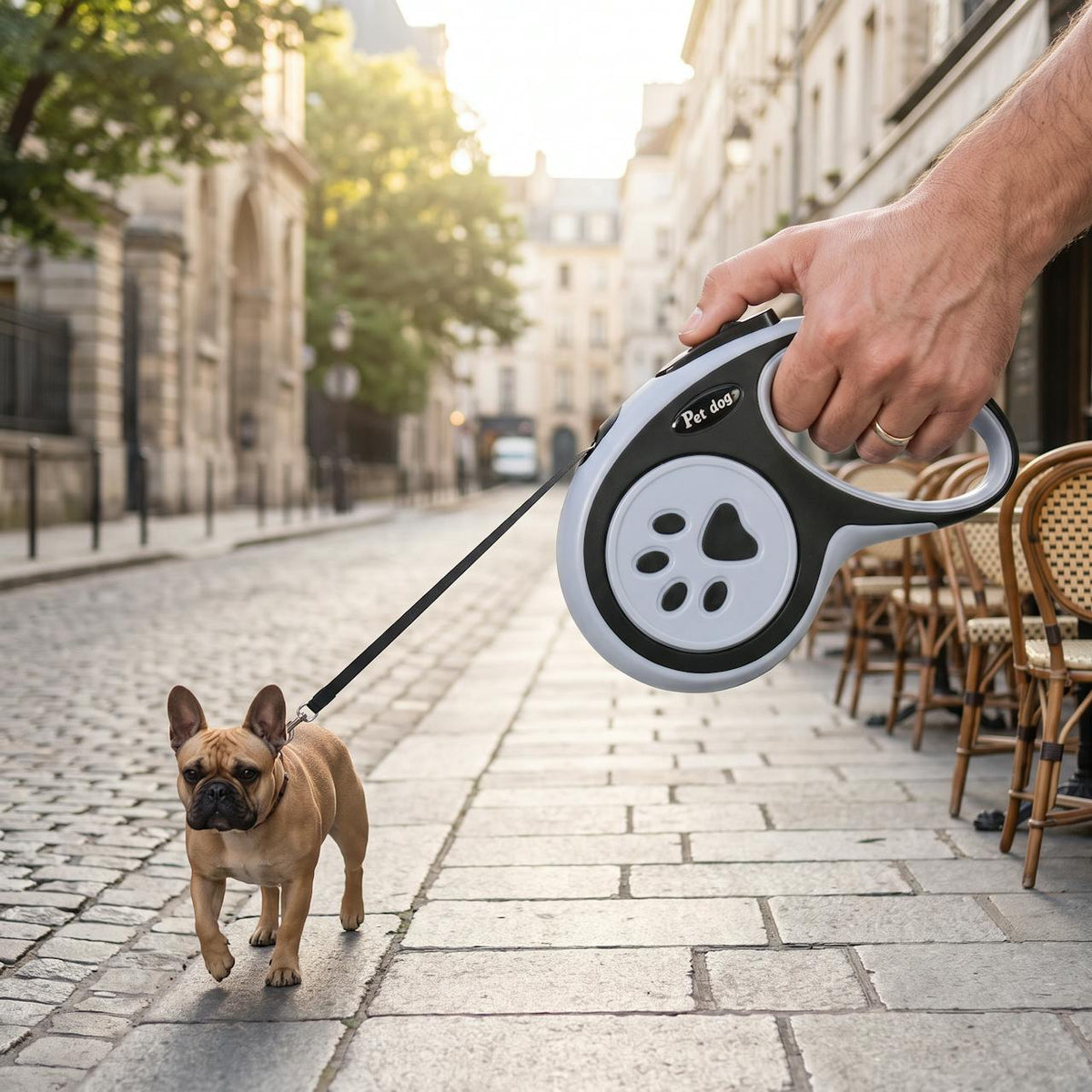 Bouledogue français en ville avec la laisse à enrouleur noire et grise