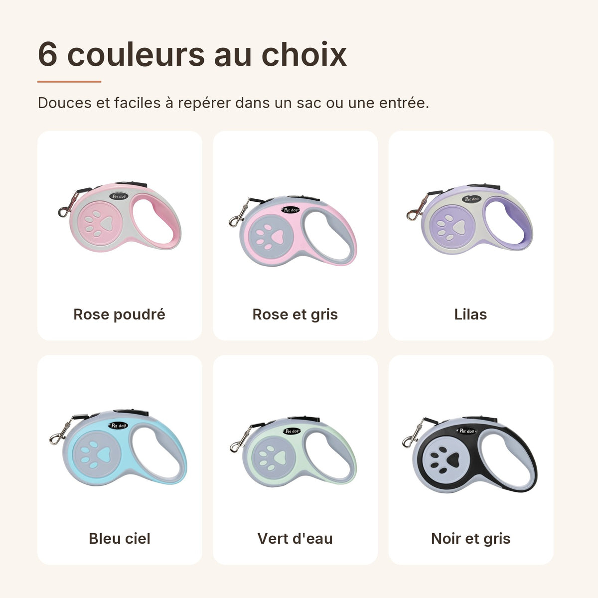 Les 6 couleurs de la laisse à enrouleur