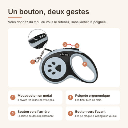 Bouton de blocage, poignée et mousqueton de la laisse à enrouleur