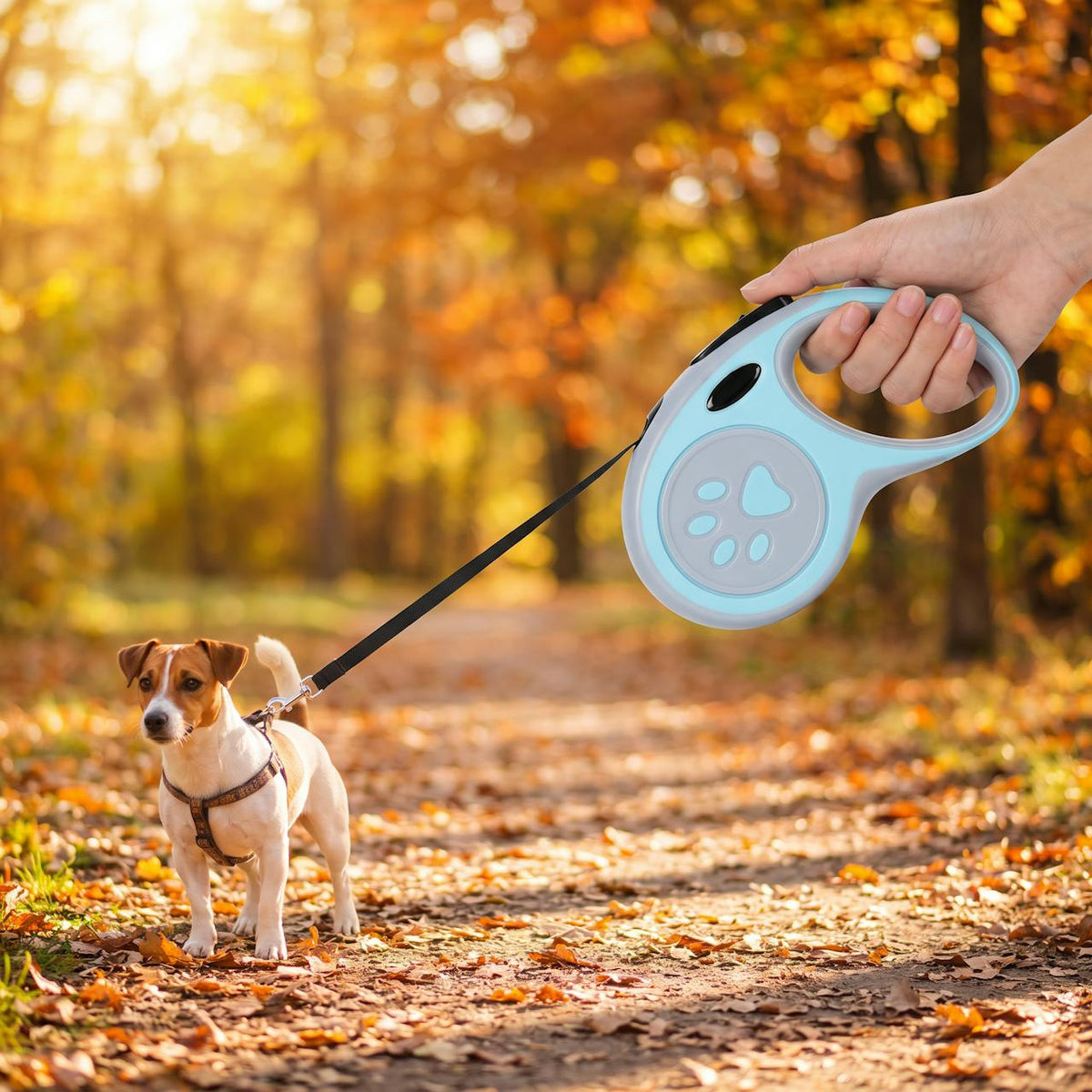 Jack russell en promenade d'automne avec la laisse à enrouleur bleu ciel