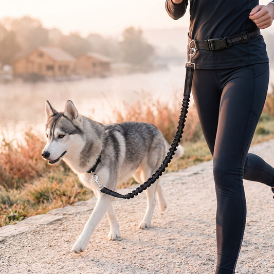 Husky en course avec la laisse mains-libres au bord de la rivière